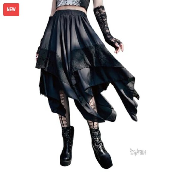 Gothic Lace Midi Skirt Asymmetrical A-Line High Waist Steampunk - Picture 2 of 8